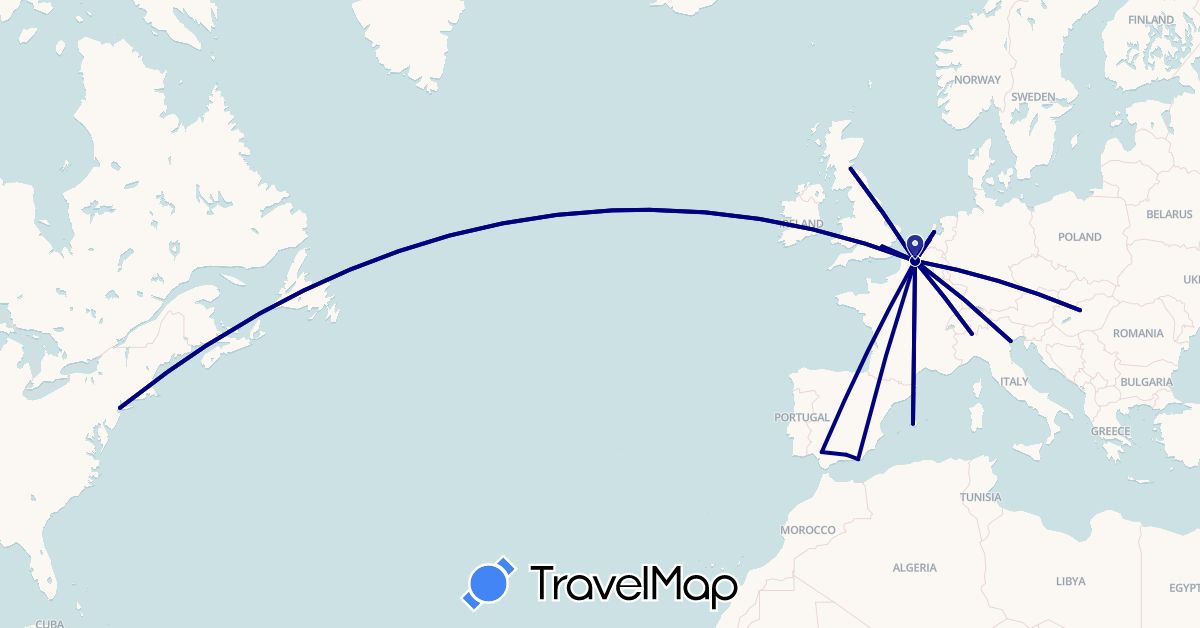 TravelMap itinerary: driving in Spain, France, United Kingdom, Hungary, Italy, Netherlands, United States (Europe, North America)